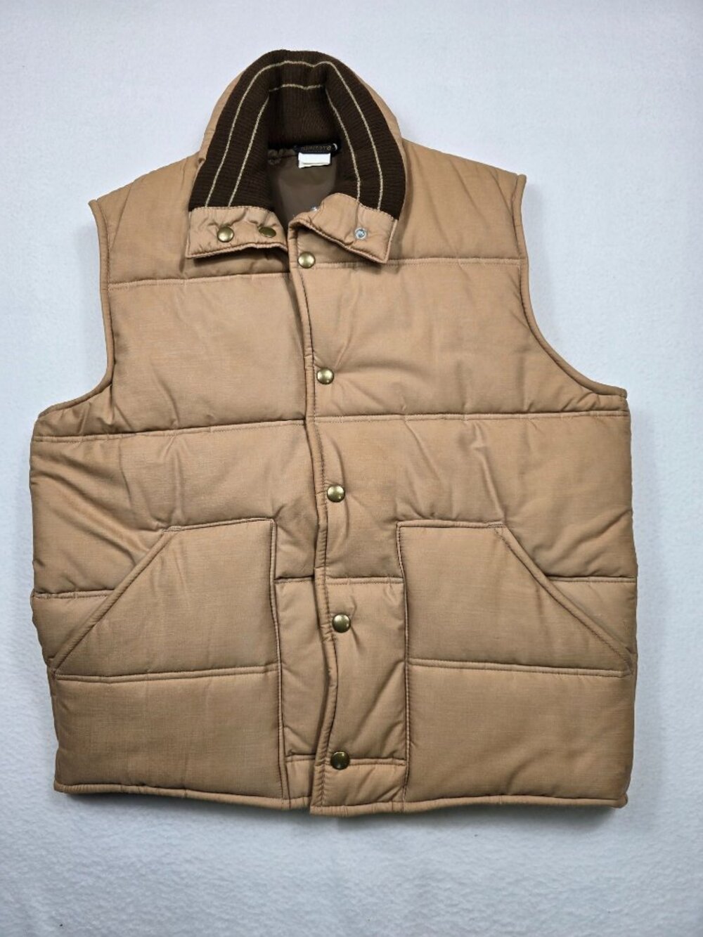 Vintage Niagara Mens Size Medium Tan Puffer Vest Brown Striped Collar Pockets